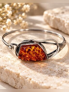 Vintage 925 Sterling Silver Baltic Amber Bangle Cuff Bracelet Large Cognac Stone